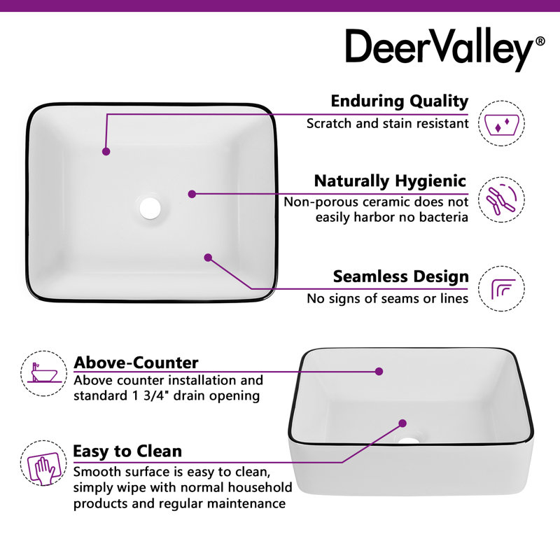 Deervalley Ally White Ceramic Rectangular Vessel Bathroom Sink